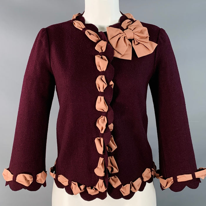 MOSCHINO Size 8 Pink Maroon Wool Blend Woven Bow Snaps Jacket Blazer