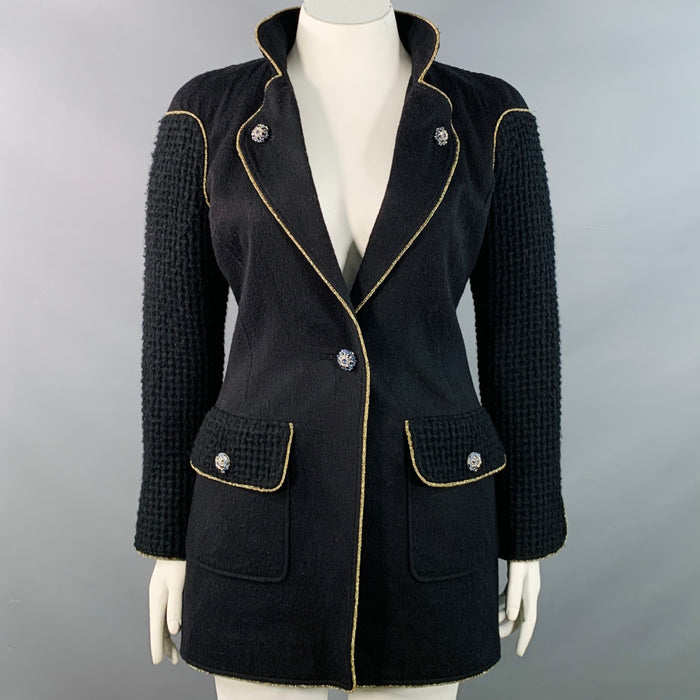 CHANEL Pre-Fall 2015 Size 10 Black Gold Wool Waffle Notch Lapel Jacket