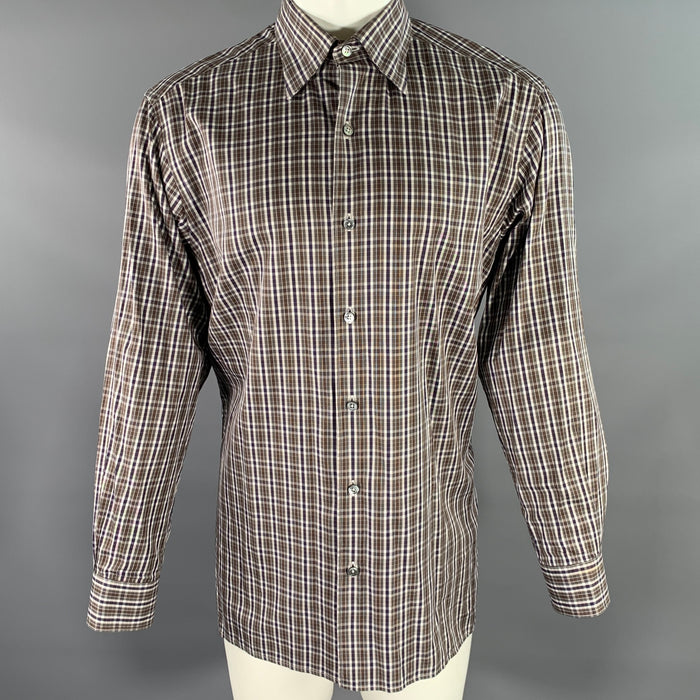 ERMENEGILDO ZEGNA Size L Brown Black White Plaid Cotton Long Sleeve Shirt