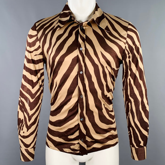 DOLCE & GABBANA Size 36 Tan Brown Animal Print Silk Long Sleeve Shirt