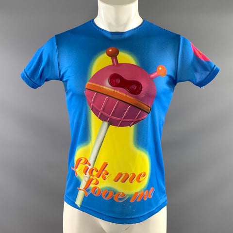 WALTER VAN BEIRENDONCK SS1997 Size S Blue Pink & Yellow Graphic Polyester T Shirt