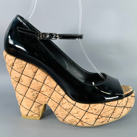 CHANEL Size 6.5 Black Natural Patent Leather Quilted Cork Peep Toe Platform Pumps