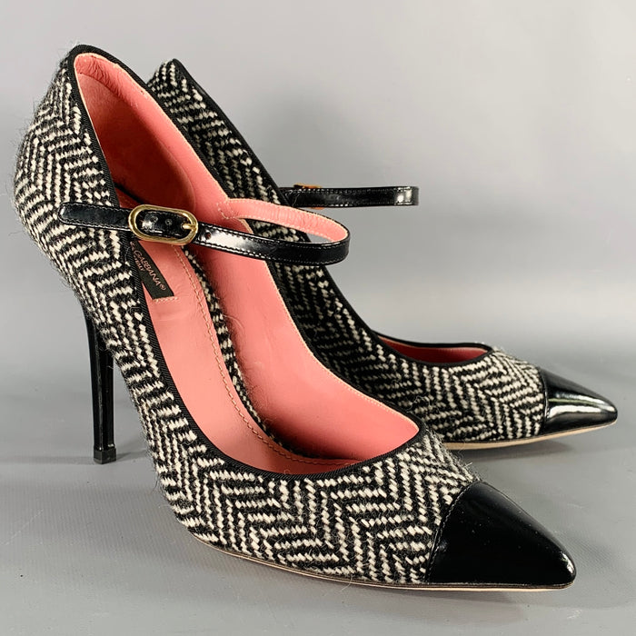 DOLCE & GABBANA Size 8.5 Black White Wool Herringbone Leather Trim Heels Pumps