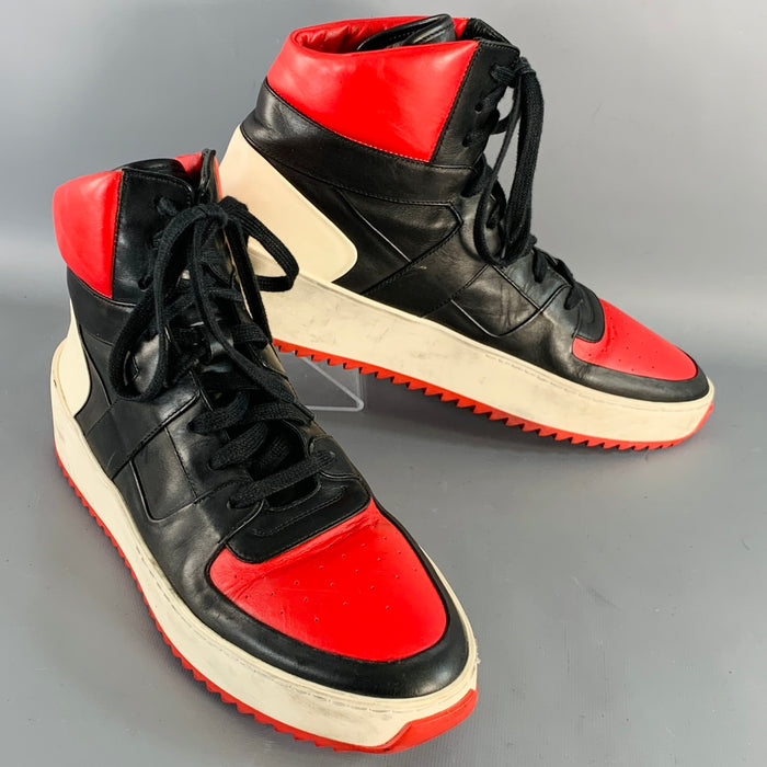 FEAR OF GOD Size 10 Black Red White Color Block Leather High Top Sneakers