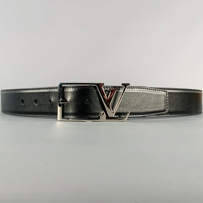 LOUIS VUITTON Size 38 Black Silver LV Monogram Leather Belt