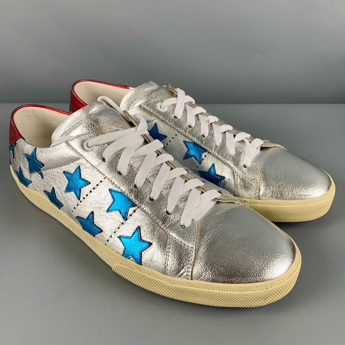 SAINT LAURENT Size 11 Silver Blue Stars Leather Low Top Sneakers