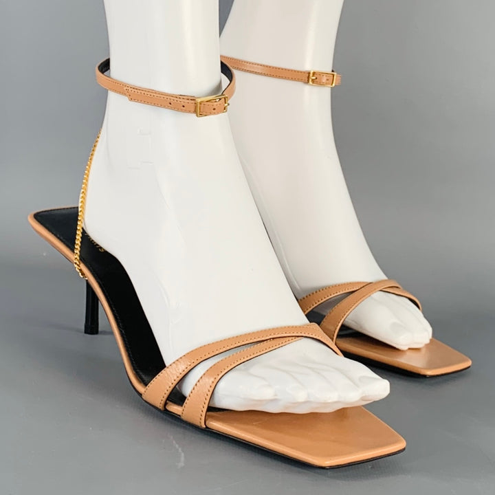 SAINT LAURENT Size 10 Melody Tan Leather Chain Ankle Strap Kitten Heel Sandals