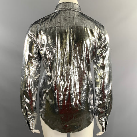 HELMUT LANG Size L Silver Polyester Silk Velvet Button Up Shirt