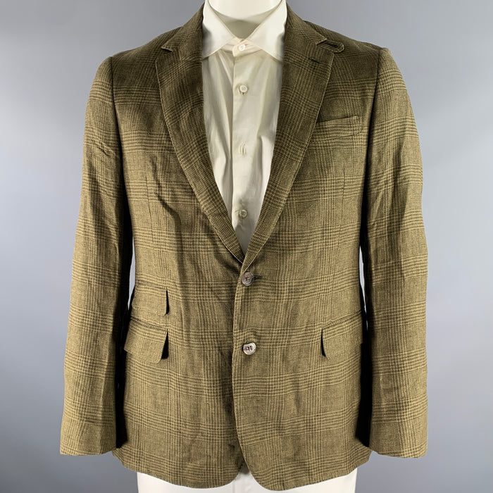 RALPH LAUREN Size 42 Green Olive Glen Check Linen Notch Lapel Sport Coat