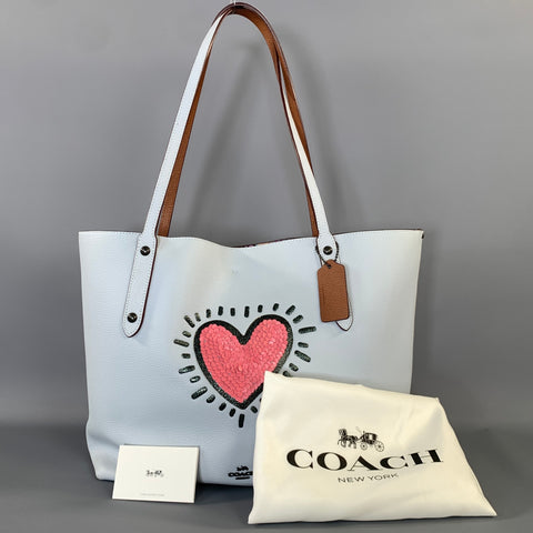 COACH Pink Light Blue Pebble Grain Leather Tote