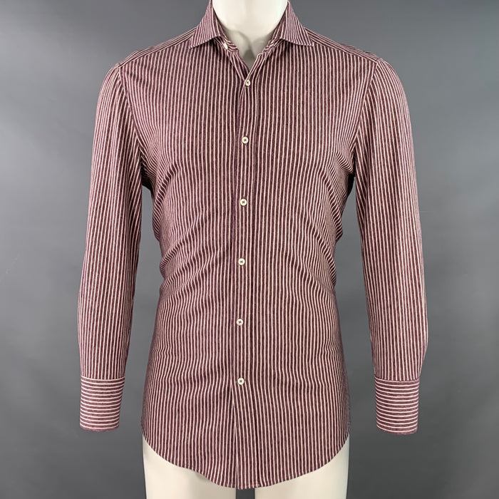 BRUNELLO CUCINELLI Size S Purple White Stripe Cotton Spread Collar Long Sleeve Shirt