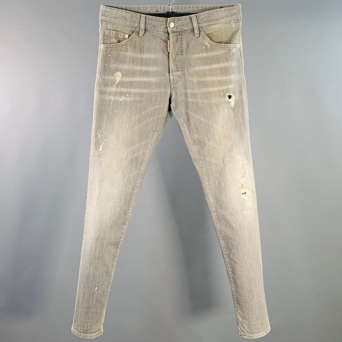 DSQUARED2 Size 32 Grey Distressed Cotton Blend Paint Splatter Straight Button Fly Jeans