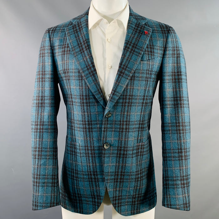 ISAIA Size 38 Regular Blue Brown Plaid Wool Notch Lapel Sport Coat