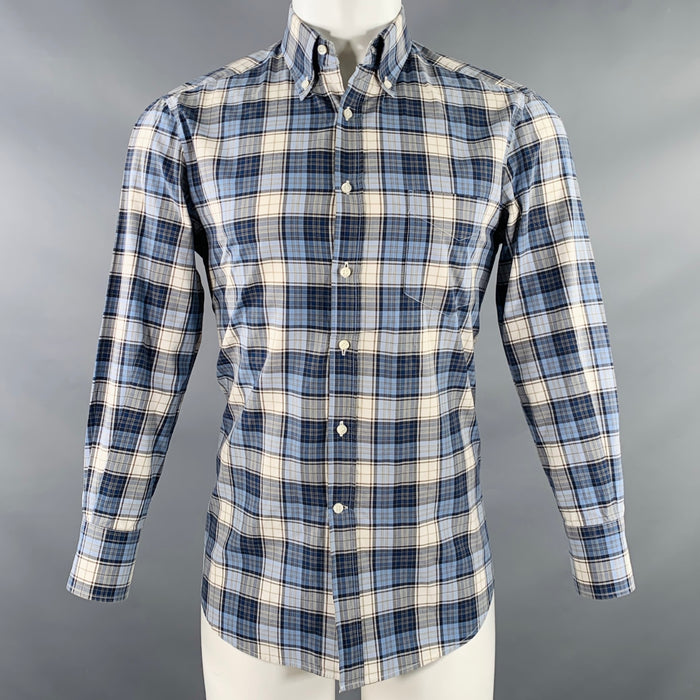 BRUNELLO CUCINELLI Talla S Camisa de manga larga con botones de algodón a cuadros azul marino y azul marino