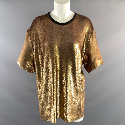 IRO Size M Gold Black Sequined Rayon Blend Crew Neck T Shirt