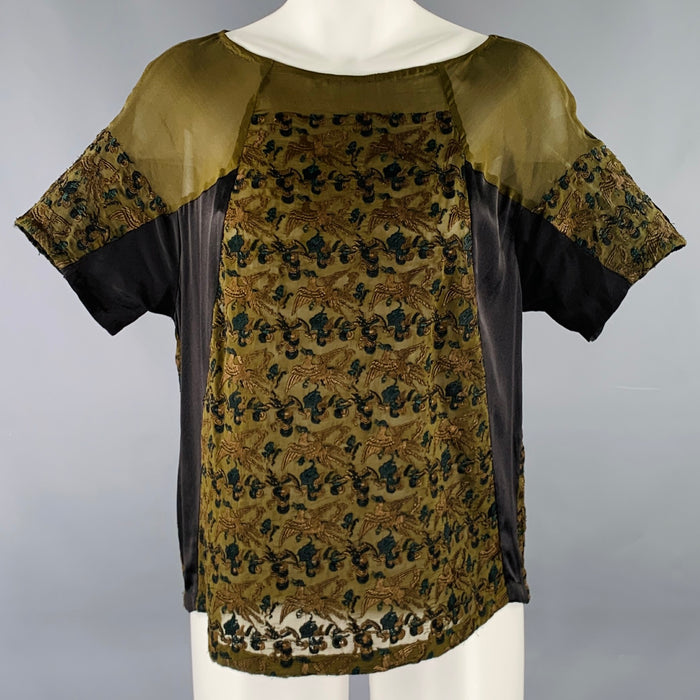 DRIES VAN NOTEN Size 8 Green Black Silk Embroidered Short Sleeve Casual Top