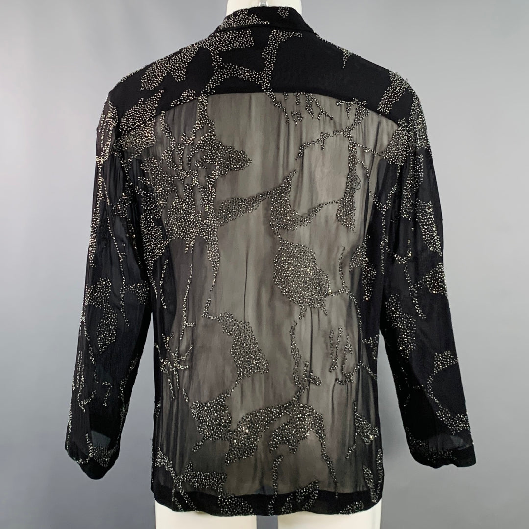 DRIES VAN NOTEN Size S Black Sheer Beaded Hibiscus Floral Viscose Long Sleeve Shirt
