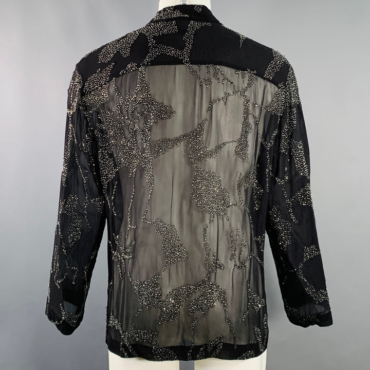 DRIES VAN NOTEN Size S Black Sheer Beaded Hibiscus Floral Viscose Long Sleeve Shirt