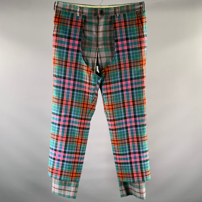 COMME des GARCONS Size 36 Green Red Pink Plaid Wool Chap Panel Dress Pants