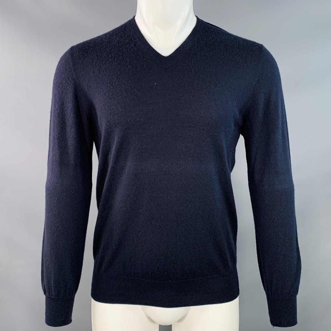 LANVIN Size M Navy Cashmere Reverse Seams V-Neck Pullover