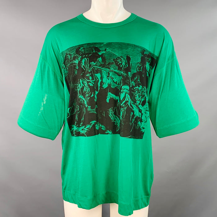 DRIES VAN NOTEN Size S The Lion Hunt Green Black Graphic Cotton Crew Neck T-shirt