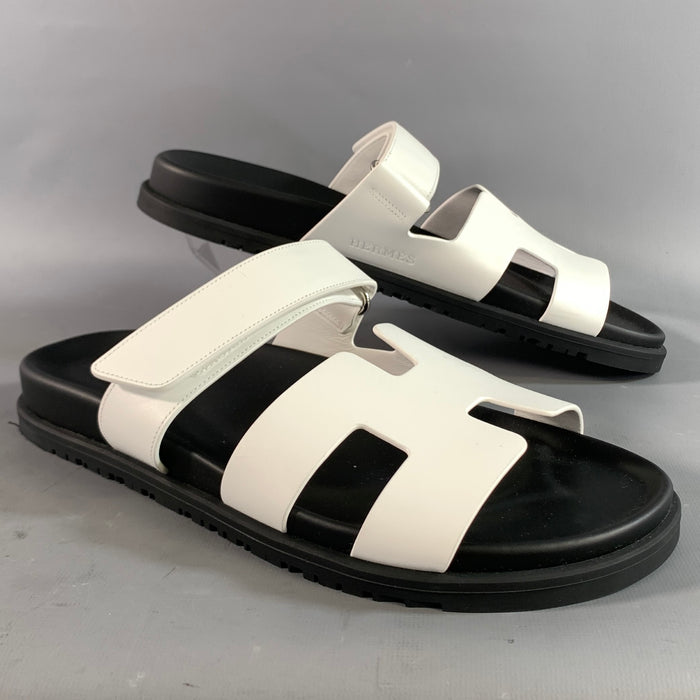HERMES Size 9 White Black Leather Sandals