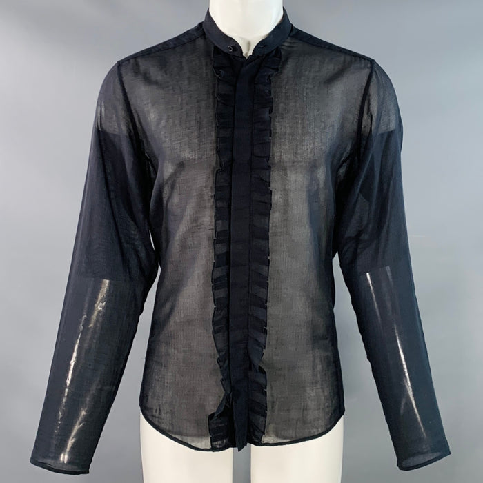 GUCCI Size M Black Ruffled Cotton Nehru Collar Long Sleeve Shirt