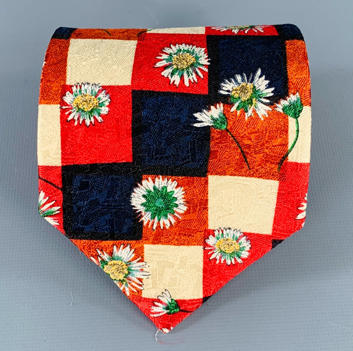ERMENEGILDO ZEGNA Red Navy Cream Checkered Floral Silk Tie