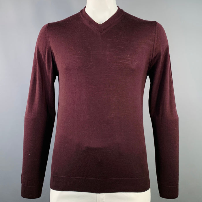 LANVIN Size L Burgundy Wool Blend V-Neck Pullover