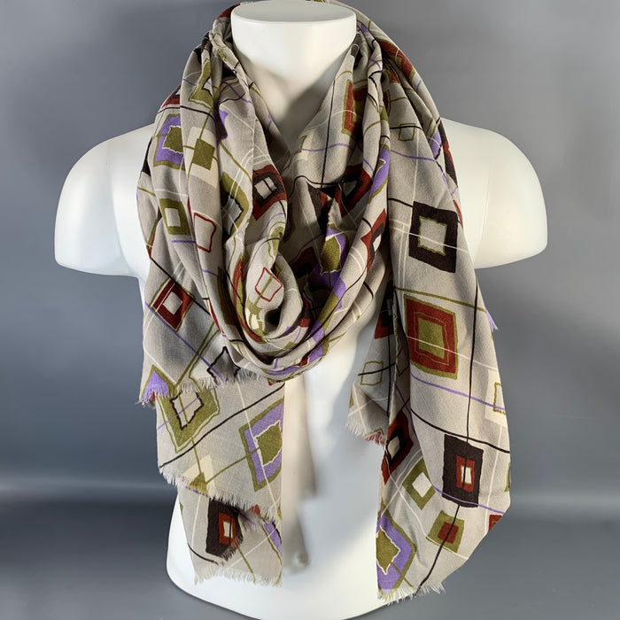 ETRO Grey Multi Color Argyle Wool Silk Fringe Scarf