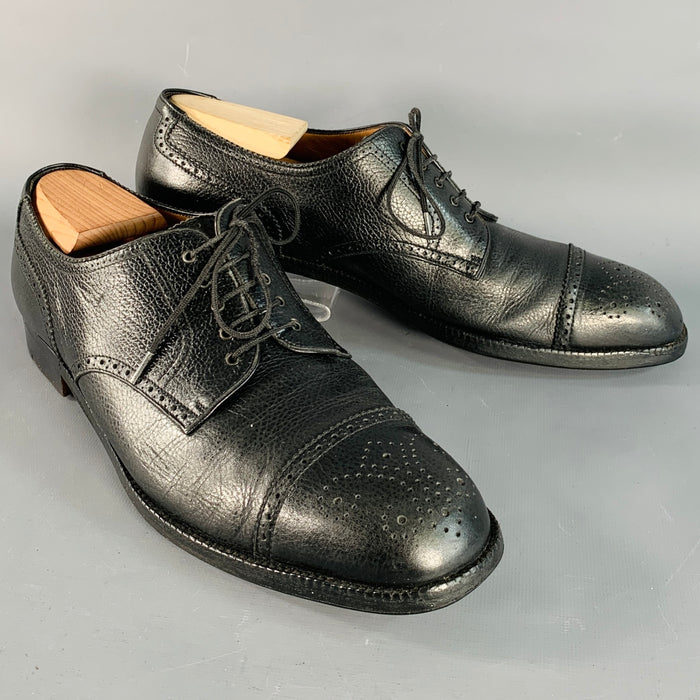 SALVATORE FERRAGAMO Size 10.5 Black Perforated Pebble Grain Leather Derby Lace-Up Shoes