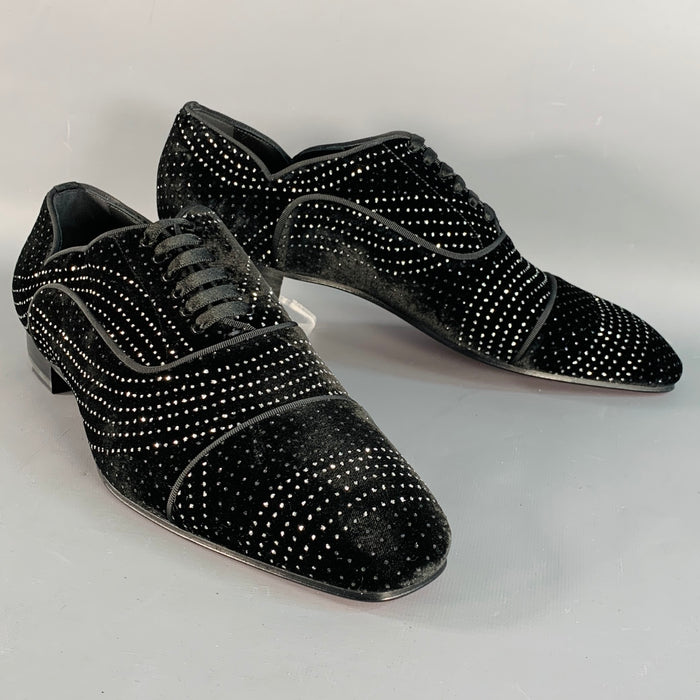 CHRISTIAN LOUBOUTIN Size 10 Black Silver Metallic Velvet Cap Toe Lace-Up Shoes