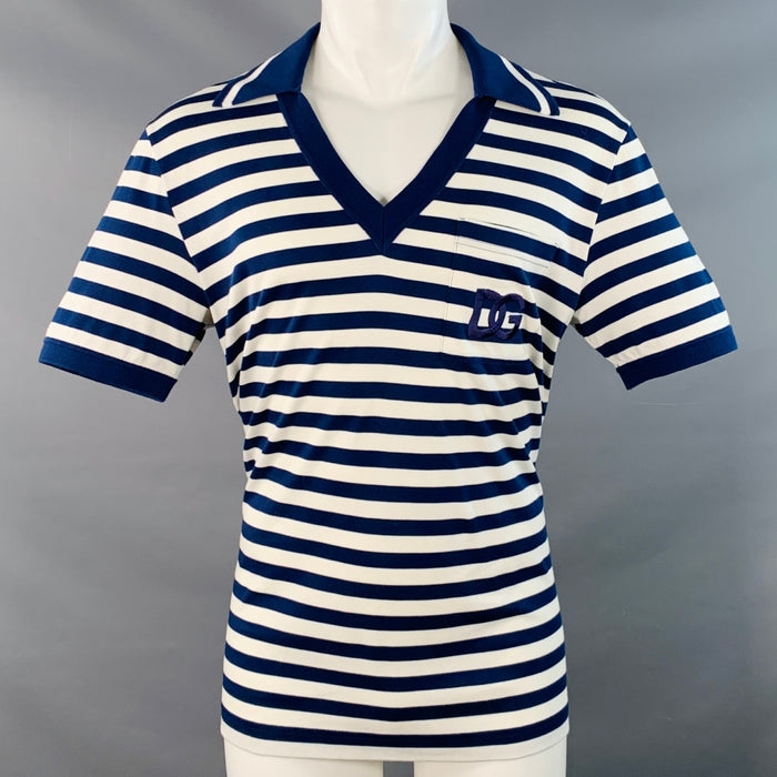DOLCE & GABBANA Size S Navy White Stripe Logo Cotton One Pocket Polo