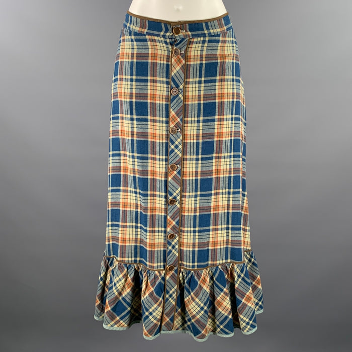 RRL by RALPH LAUREN Size 2 Blue Orange Linen Cotton Plaid Maxi Skirt