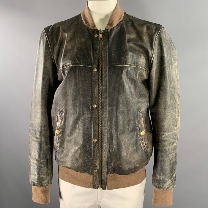 MARC JACOBS Size XXL Black Tan Distressed Leather Bomber Coat