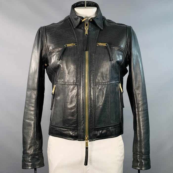 DSQUARED2 Size 44 Black Leather Zip Up Motorcycle Jacket