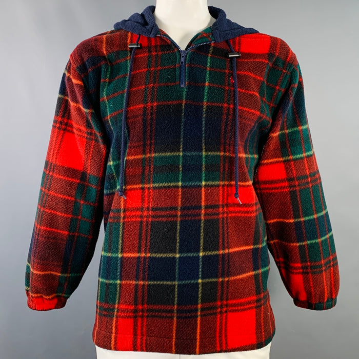 POLO by RALPH LAUREN Size XL Red Navy Green Plaid Polyester Hooded 1/4 Zip Sweatshirt