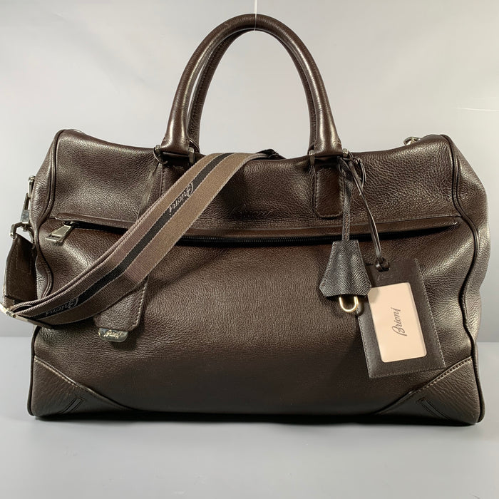 BRIONI Brown Pebble Grain Leather Duffle Bags