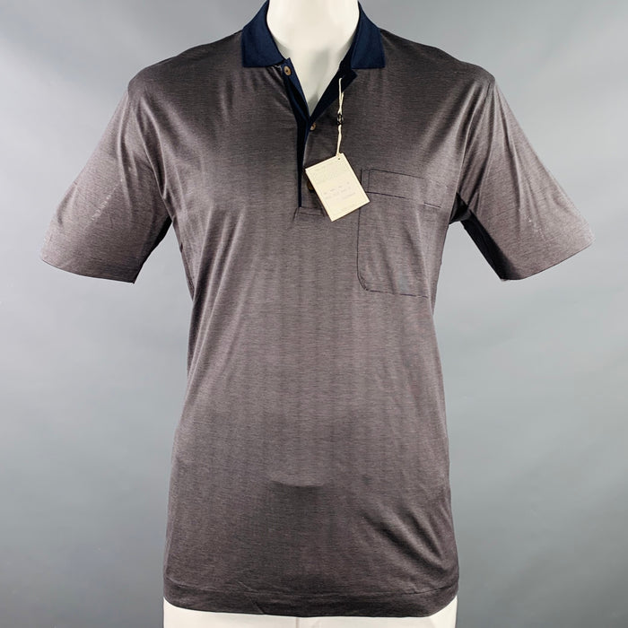 ERMENEGILDO ZEGNA Size 42 Tan Black Stripe Cotton One Pocket Polo