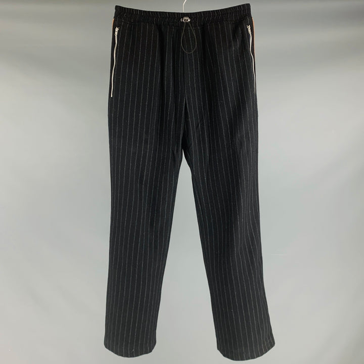 AHLUWALIA Size S Black White Pinstripe Wool Drawstring Casual Pants
