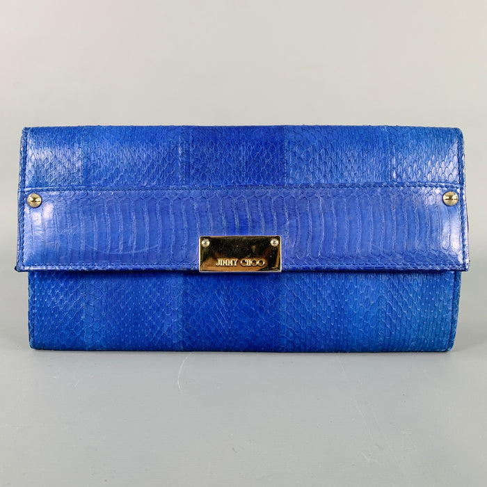 JIMMY CHOO Blue Silver Snake Skin Leather Clutch Handbag