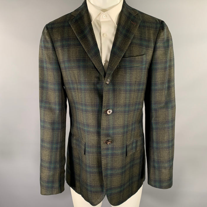 KITON Size 40 Green Charcoal Plaid Cashmere Notch Lapel Sport Coat