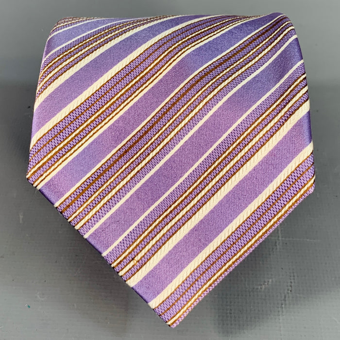 BRIONI Purple White Diagonal Stripe Silk Cotton Tie