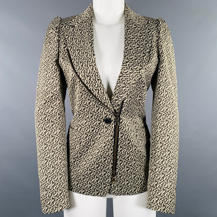 DRIES VAN NOTEN Size 8 Black Cream Cotton Blend Zip Jacket Blazer