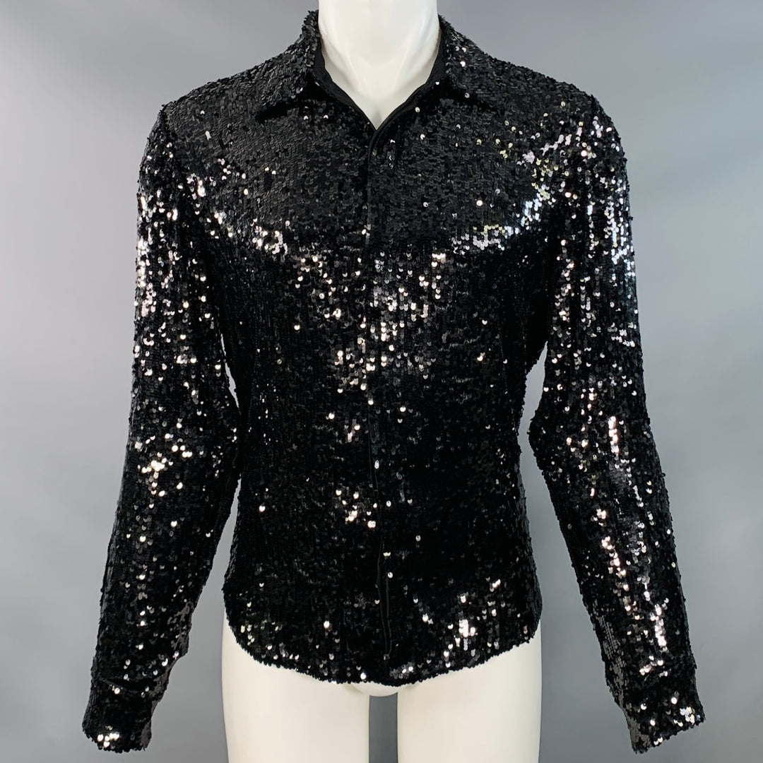 DRIES VAN NOTEN Size S Black Sequined Viscose Curved Cutaway Long Sleeve Shirt