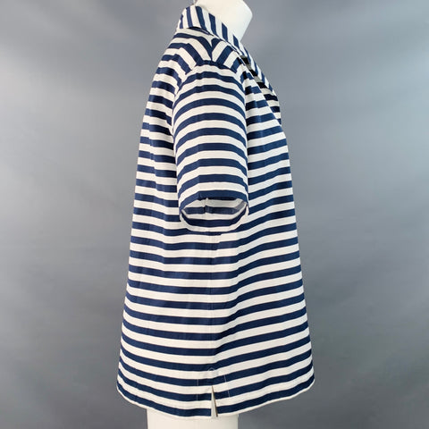 LORO PIANA Size 6 White Navy Cotton Stripe One Pocket Casual Top