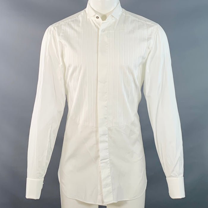 KITON Size S White Pleated Cotton Wingtip French Cuff Tuxedo Long Sleeve Shirt