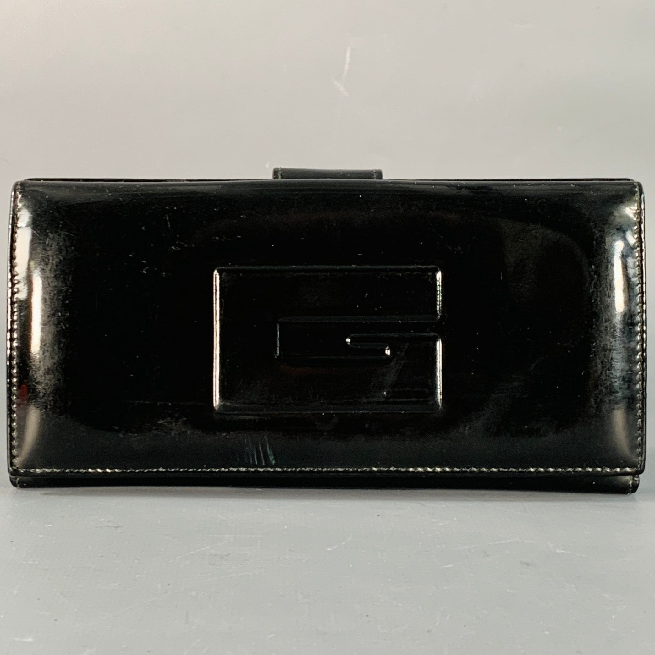 GUCCI Black Embossed Monogram Logo Patent Leather Checkbook Wallet 