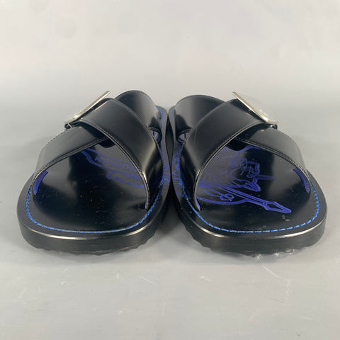 BURBERRY Size 10 Black Blue ITCALFRA5SAN Contrast Stitch Leather Slide Sandals