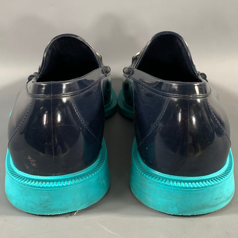 GUCCI 2016 Size 8 Navy Turqoise Rubber Horsebit Loafers